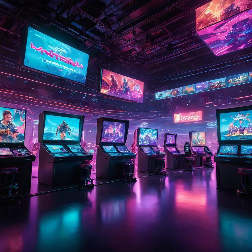 A futuristic gaming landscape showcasing various gaming consoles and emulators, with a glowing digital skyline in the background. Include playful characters from retro and modern games exploring a vibrant, neon-lit arena filled with holographic screens displaying game artwork. An ambiance of excitement and adventure envelops the scene. cyberpunk. vibrant colors. 3D.
