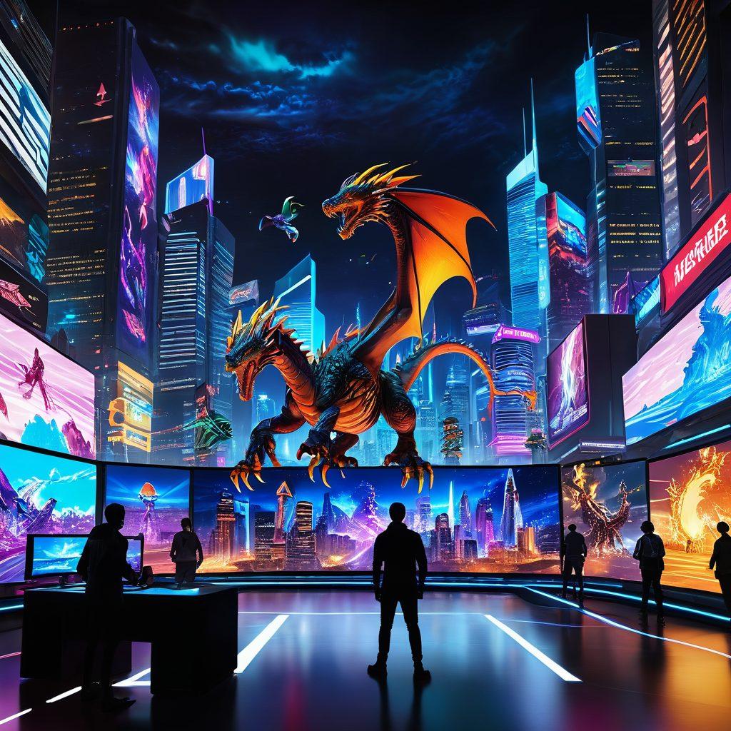 A mesmerizing digital landscape showcasing diverse virtual worlds, filled with vibrant colors and intricate game simulations. Depict characters engaged in thrilling adventures, blending fantasy elements like dragons and futuristic cities. Include a holographic interface displaying game statistics and interactivity to emphasize the transformative nature of gaming. super-realistic. vivid colors. futuristic design.