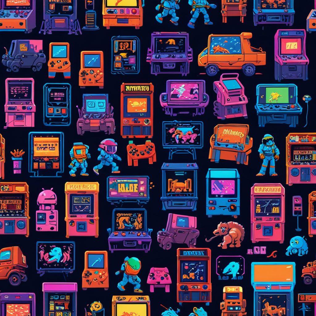 A vibrant collage depicting the evolution of gaming, showcasing an arcade machine with classic games on one side, transitioning to modern gaming consoles and PCs on the other. Include nostalgic pixel art characters merging into 3D rendered characters, surrounded by elements of past and future gaming environments, like retro pixels blending into futuristic landscapes. Bright neon colors to capture the essence of gaming culture. super-realistic. vibrant colors.